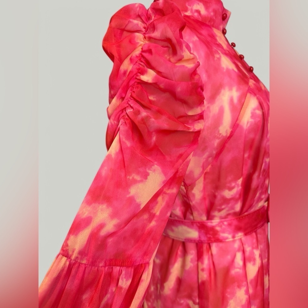 Dress Women Size Large Pink Tie Dye Mini Ruffle Long Sleeves Tiered Skirt Sheer - Picture 11 of 15